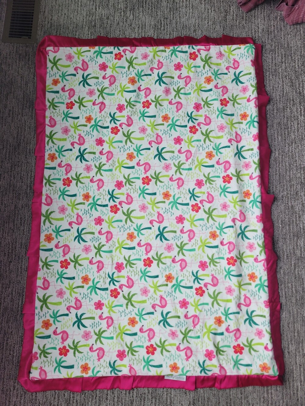 Minky Couture Flamingo Blanket with Pink Satin Border